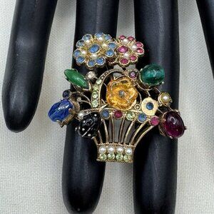Vintage Gold Tone Flower Basket Brooch Multicolor Glass Cabochons & Faux Pearls